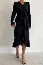 Krep Kumaş Midi Boy Kuşaklı Uzunkol Elbise 113 Cm