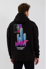 Erkek Baskılı Üç İplik Kapüşonlu Oversize Sweatshirt - Siyah Erkek Baskılı Üç İplik Kapüşonlu Oversize Sweatshirt - Siyah