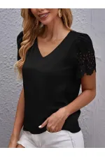 Kadın Kısa Kollu V Yakalı Kolu Dantelli Dubai Bluz Kadın Kısa Kollu V Yakalı Kolu Dantelli Dubai Bluz
