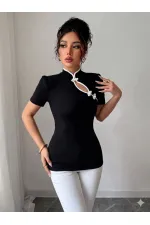 Kadın Beyaz şerit Detaylı Dar Kesim Dik Yaka Bluz Kadın Beyaz şerit Detaylı Dar Kesim Dik Yaka Bluz