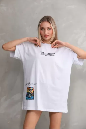 Unisex Bisiklet Yaka Baskılı Oversize T-Shirt - Beyaz Unisex Bisiklet Yaka Baskılı Oversize T-Shirt - Beyaz
