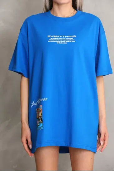 Unisex Bisiklet Yaka Baskılı Oversize T-Shirt - Mavi Unisex Bisiklet Yaka Baskılı Oversize T-Shirt - Mavi