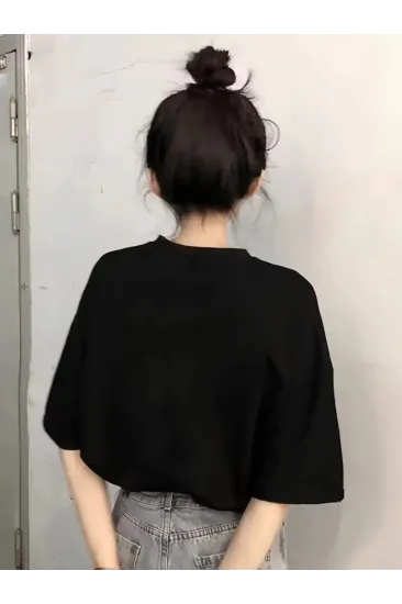 Baskılı Oversize Bisiklet Yaka T-shirt - Siyah Baskılı Oversize Bisiklet Yaka T-shirt - Siyah