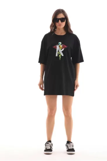Unisex Bisiklet Yaka Baskılı Oversize T-Shirt - Siyah Unisex Bisiklet Yaka Baskılı Oversize T-Shirt - Siyah