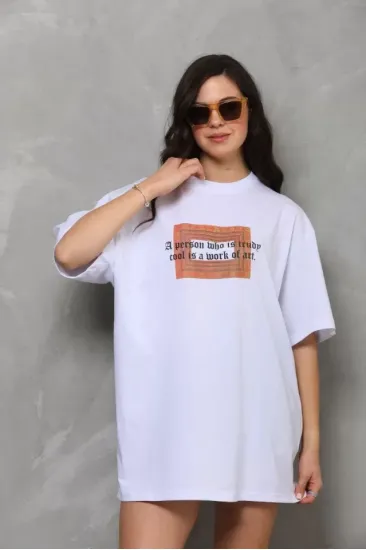 Unisex Bisiklet Yaka Baskılı Oversize T-Shirt - Beyaz Unisex Bisiklet Yaka Baskılı Oversize T-Shirt - Beyaz