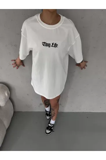 Unisex Bisiklet Yaka Baskılı Oversize T-Shirt - Beyaz Unisex Bisiklet Yaka Baskılı Oversize T-Shirt - Beyaz