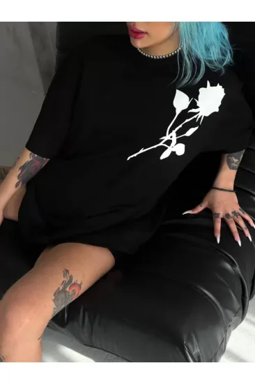 Unisex Bisiklet Yaka Baskılı Oversize T-Shirt - Siyah Unisex Bisiklet Yaka Baskılı Oversize T-Shirt - Siyah