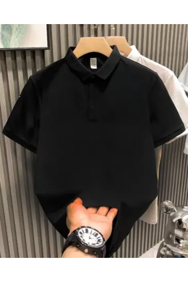 Yakası Düğmeli Yakalı Pike Düz T-Shirt - Siyah Yakası Düğmeli Yakalı Pike Düz T-Shirt - Siyah