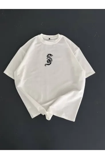 Baskılı Oversize Bisiklet Yaka T-shirt - Beyaz Baskılı Oversize Bisiklet Yaka T-shirt - Beyaz