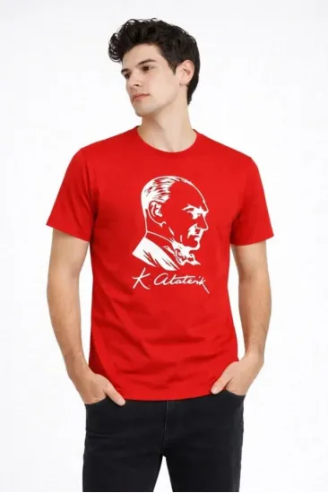 Erkek Atatürk Baskılı Tişört Kısa Kollu Bisiklet Yaka T-Shirt - Kırmızı Erkek Atatürk Baskılı Tişört Kısa Kollu Bisiklet Yaka T-Shirt - Kırmızı