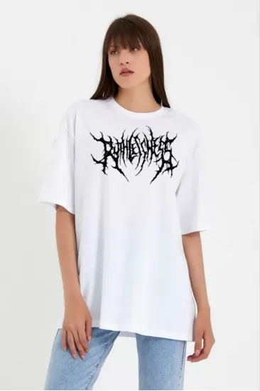 Unisex Bisiklet Yaka Baskılı Oversize T-Shirt - Beyaz Unisex Bisiklet Yaka Baskılı Oversize T-Shirt - Beyaz