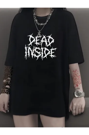 Baskılı Oversize Bisiklet Yaka T-shirt - Siyah