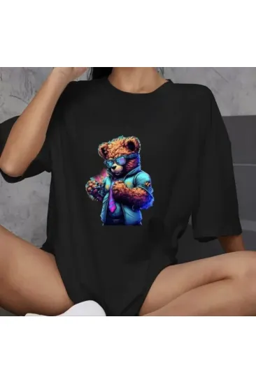 Unisex Bisiklet Yaka Baskılı Oversize T-Shirt - Siyah Unisex Bisiklet Yaka Baskılı Oversize T-Shirt - Siyah