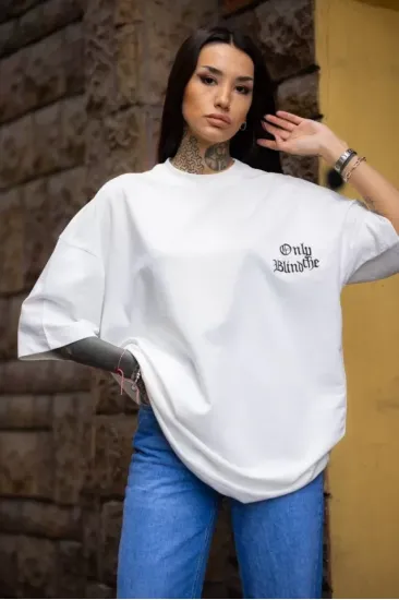 Unisex Bisiklet Yaka Baskılı Oversize T-Shirt - Beyaz Unisex Bisiklet Yaka Baskılı Oversize T-Shirt - Beyaz