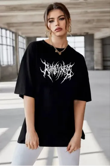 Unisex Bisiklet Yaka Baskılı Oversize T-Shirt - Siyah Unisex Bisiklet Yaka Baskılı Oversize T-Shirt - Siyah