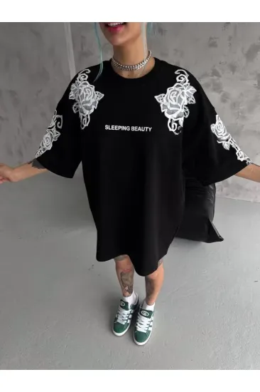 Unisex Flok Kabartma Baskılı T-Shirt - Siyah Unisex Flok Kabartma Baskılı T-Shirt - Siyah