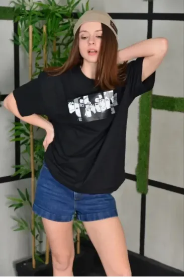 Unisex Bisiklet Yaka Baskılı Oversize T-Shirt - Siyah Unisex Bisiklet Yaka Baskılı Oversize T-Shirt - Siyah