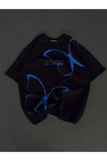 Unisex Bisiklet Yaka Baskılı Oversize T-Shirt - Siyah Unisex Bisiklet Yaka Baskılı Oversize T-Shirt - Siyah