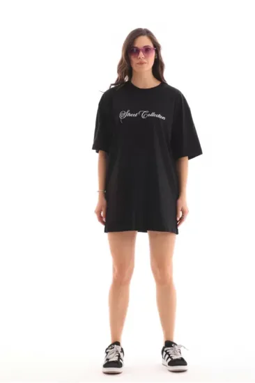 Unisex Bisiklet Yaka Baskılı Oversize T-Shirt - Siyah Unisex Bisiklet Yaka Baskılı Oversize T-Shirt - Siyah