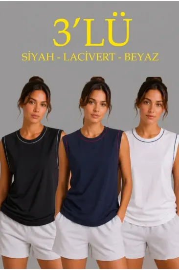 3’lü Kolsuz Sporcu Atlet Seti Yazlık Bisiklet Yaka - Siyah, Lacivert, Beyaz 3’lü Kolsuz Sporcu Atlet Seti Yazlık Bisiklet Yaka - Siyah, Lacivert, Beyaz
