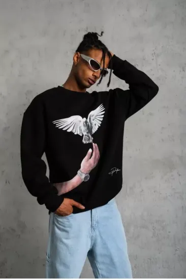 Erkek Güvercin Baskılı Sweatshirt - Siyah Erkek Güvercin Baskılı Sweatshirt - Siyah