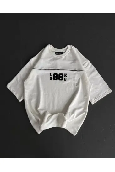 Unisex Bisiklet Yaka Baskılı Oversize T-Shirt - Beyaz
