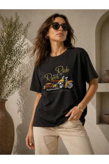 Motosiklet Baskılı Tişört Bisiklet Yaka Kısa Kol Yazlık T-Shirt - Siyah Motosiklet Baskılı Tişört Bisiklet Yaka Kısa Kol Yazlık T-Shirt - Siyah