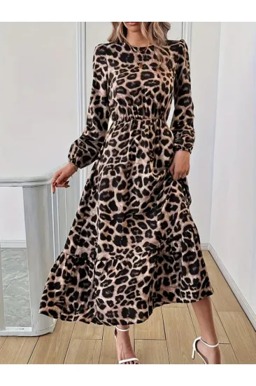 Uzun Kollu Bisiklet Yaka Leopar Desenli Midi Süprem Elbise Uzun Kollu Bisiklet Yaka Leopar Desenli Midi Süprem Elbise