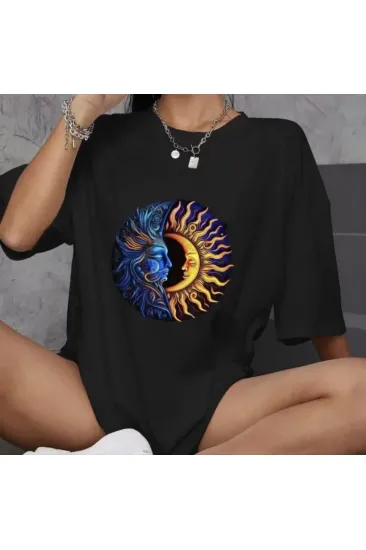 Unisex Bisiklet Yaka Baskılı Oversize T-Shirt - Siyah Unisex Bisiklet Yaka Baskılı Oversize T-Shirt - Siyah