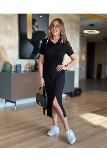 Kadın Yaka Ribanalı Çift Yırtmaçlı Elbise Kadın Yaka Ribanalı Çift Yırtmaçlı Elbise