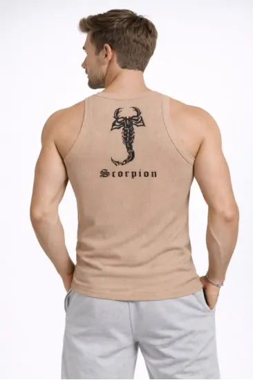 Erkek Fitilli Atlet Sıfır Yaka Slim Fit Arka Baskılı Spor Atlet - Bej Erkek Fitilli Atlet Sıfır Yaka Slim Fit Arka Baskılı Spor Atlet - Bej