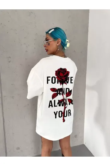 Unisex Bisiklet Yaka Baskılı Oversize T-Shirt - Beyaz Unisex Bisiklet Yaka Baskılı Oversize T-Shirt - Beyaz