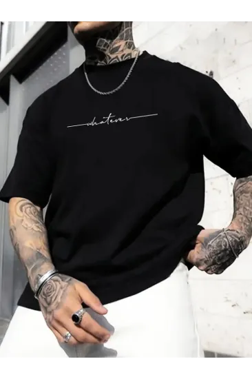 Baskılı Oversize Bisiklet Yaka T-shirt - Siyah Baskılı Oversize Bisiklet Yaka T-shirt - Siyah