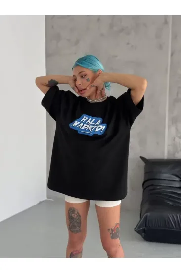 Unisex Bisiklet Yaka Baskılı Oversize T-Shirt - Siyah Unisex Bisiklet Yaka Baskılı Oversize T-Shirt - Siyah