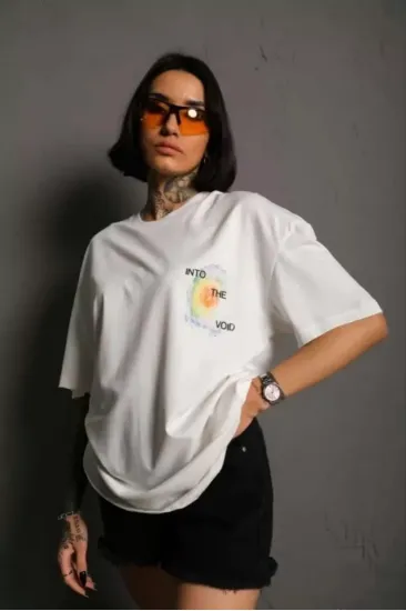 Unisex Bisiklet Yaka Baskılı Oversize T-Shirt - Beyaz Unisex Bisiklet Yaka Baskılı Oversize T-Shirt - Beyaz