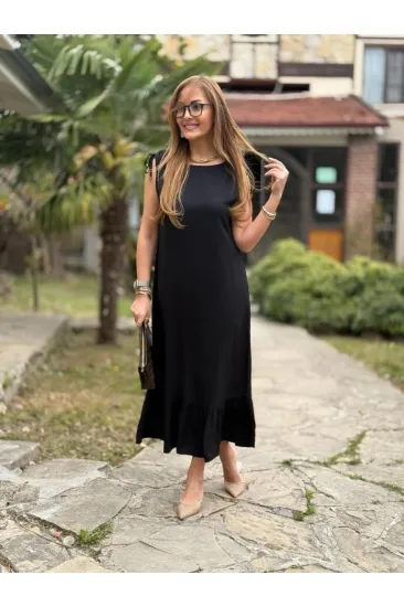 Kadın Omuzlardan Büzgülü Kayık Yaka Fırfırlı Janjan Krep Elbise Kadın Omuzlardan Büzgülü Kayık Yaka Fırfırlı Janjan Krep Elbise