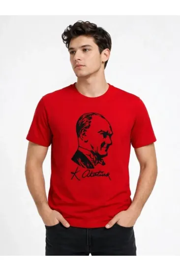 Erkek Atatürk Baskılı Tişört Kısa Kollu Bisiklet Yaka T-Shirt - Kırmızı Erkek Atatürk Baskılı Tişört Kısa Kollu Bisiklet Yaka T-Shirt - Kırmızı