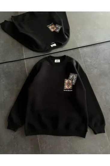 Bisiklet Yaka Baskılı SweatShirt - Siyah