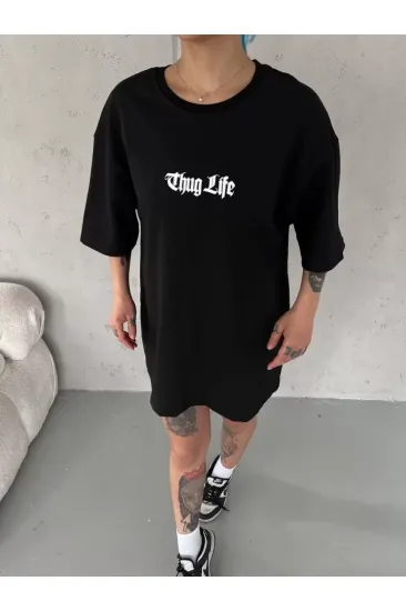 Unisex Bisiklet Yaka Baskılı Oversize T-Shirt - Siyah Unisex Bisiklet Yaka Baskılı Oversize T-Shirt - Siyah