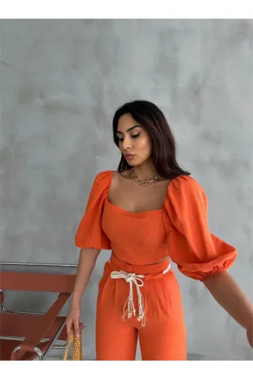 KETEN CROP KARPUZ KOL BLUZ-PANTOLON HASIR KEMERLİ - Orange KETEN CROP KARPUZ KOL BLUZ-PANTOLON HASIR KEMERLİ - Orange