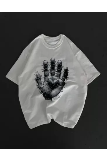 Unisex Bisiklet Yaka Baskılı Oversize T-Shirt - Beyaz Unisex Bisiklet Yaka Baskılı Oversize T-Shirt - Beyaz