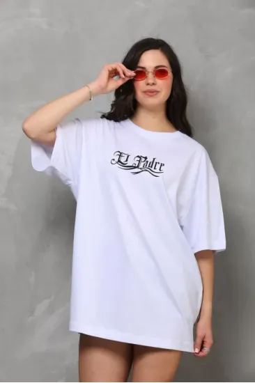 Unisex Bisiklet Yaka Baskılı Oversize T-Shirt - Beyaz Unisex Bisiklet Yaka Baskılı Oversize T-Shirt - Beyaz