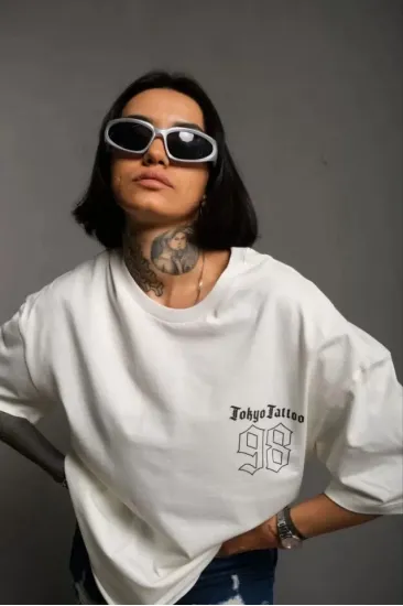 Unisex Bisiklet Yaka Baskılı Oversize T-Shirt - Beyaz Unisex Bisiklet Yaka Baskılı Oversize T-Shirt - Beyaz