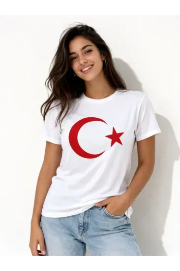 T-Shirt Kısa Kol Bisiklet Yaka Ay Yıldız Bayrak Baskılı Tişört - Beyaz T-Shirt Kısa Kol Bisiklet Yaka Ay Yıldız Bayrak Baskılı Tişört - Beyaz