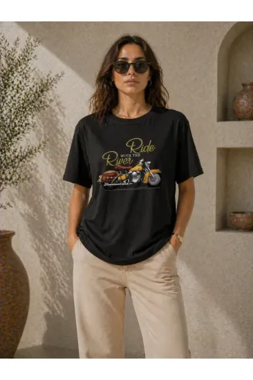 Motosiklet Baskılı Tişört Bisiklet Yaka Kısa Kol Yazlık T-Shirt - Siyah Motosiklet Baskılı Tişört Bisiklet Yaka Kısa Kol Yazlık T-Shirt - Siyah