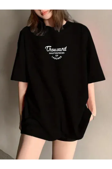 Thousand Baskılı Oversize Bisiklet Yaka T-shirt - Siyah Thousand Baskılı Oversize Bisiklet Yaka T-shirt - Siyah