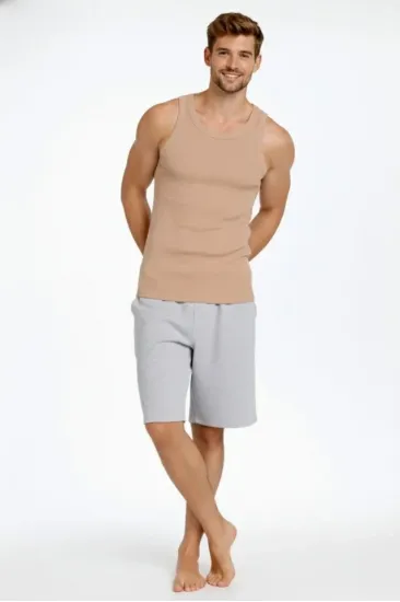Erkek Fitilli Atlet Sıfır Yaka Slim Fit Arka Baskılı Spor Atlet - Bej Erkek Fitilli Atlet Sıfır Yaka Slim Fit Arka Baskılı Spor Atlet - Bej