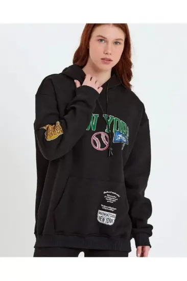 Baskılı Kapüşonlu Sweatshirt - Siyah Baskılı Kapüşonlu Sweatshirt - Siyah