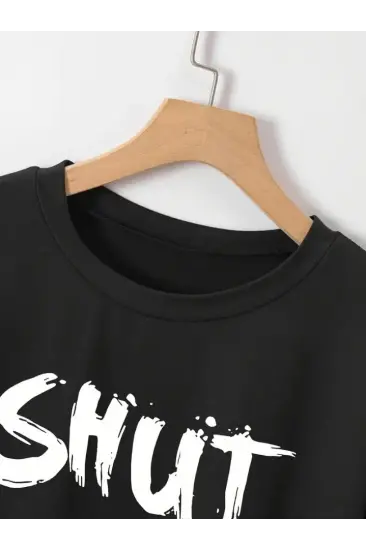 Baskılı Oversize Bisiklet Yaka T-shirt - Siyah Baskılı Oversize Bisiklet Yaka T-shirt - Siyah