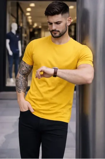 Erkek T-Shirt Bisiklet Yaka Slim Fit Dar Kesim Likralı Tişört Günlük Basic Body - Sarı Erkek T-Shirt Bisiklet Yaka Slim Fit Dar Kesim Likralı Tişört Günlük Basic Body - Sarı